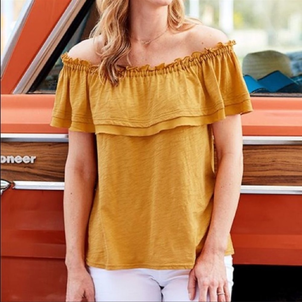 Matilda Jane Fast Lane Top Sz M Mustard Yellow Knit Cotton Off Shoulder Ruffle